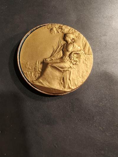 老王徽章第184期 - 法国1925年第32届拉罗谢尔地区节日镀金大铜章    原盒     勒内鲍迪雄作品     直径46mm     重量40.9g