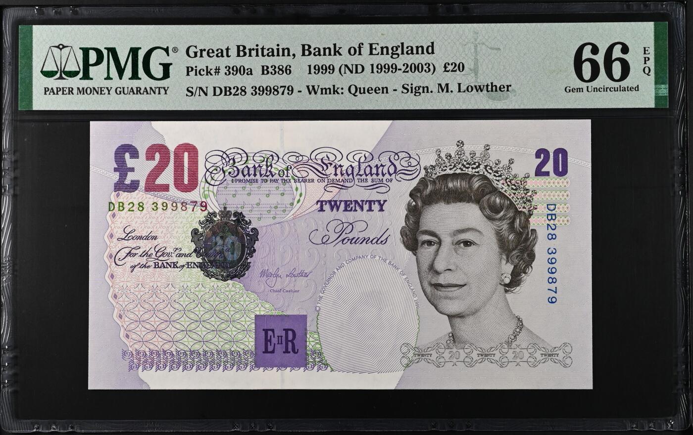 《艾美收藏》第233期-2.23周一外币精品荟萃(春节第二拍) 英国E序列再版1999年首签20镑PMG66E无4 难上分品种 Pick#390a Lowther一签难得