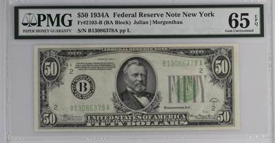 《艾美收藏》第233期-2.23周一外币精品荟萃(春节第二拍) - 纽约分区1934A年首发BA冠50美元PMG65E无4尾8 老壳严评 难上分品种 更高分全球仅12张