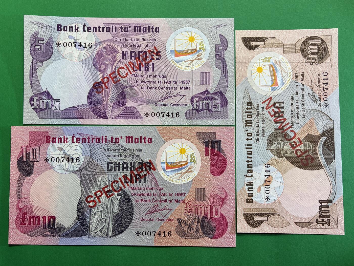 咖啡豆•收藏 2026年Mar_1st世界各国纸币样票拍卖 马耳他 1967年 1-10镑 全新UNC同号 外国纸币样票 3枚一套