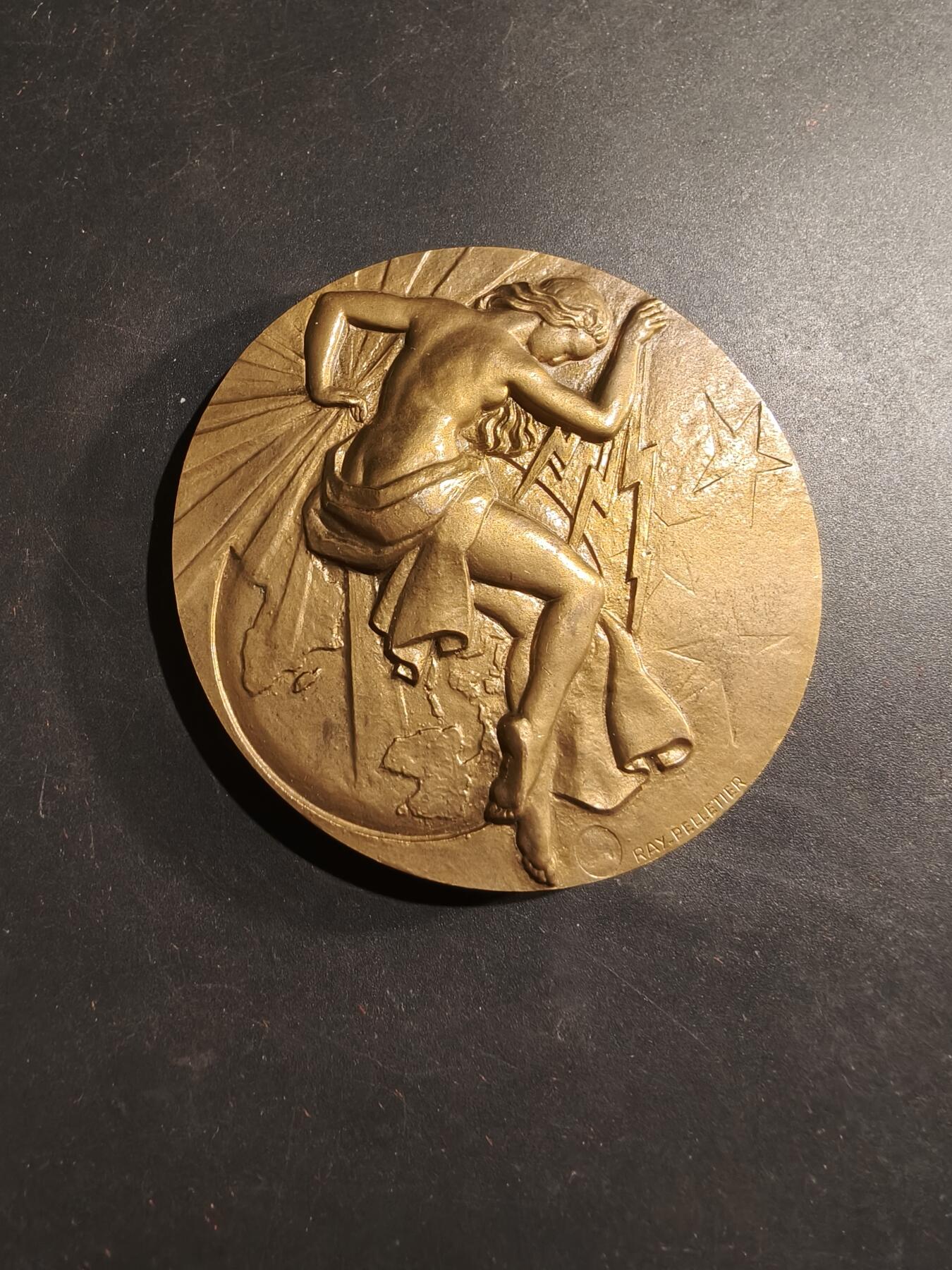 老王徽章第184期 法国电气工程总工会大铜章    原盒     直径68mm    重量162.1g