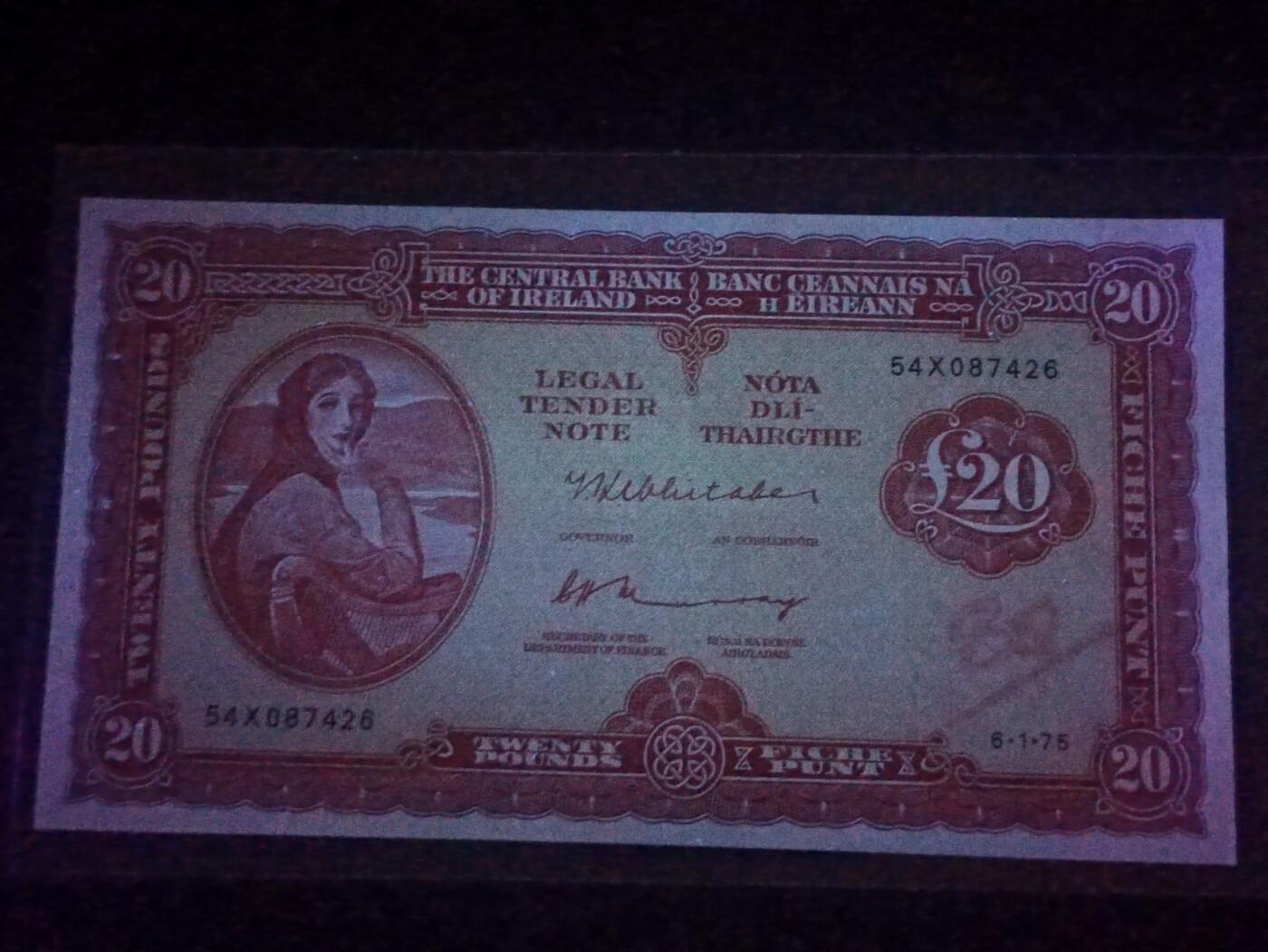 【年后首拍！】2026二月第三期，总217期 爱尔兰1975年20镑AUNC，爱尔兰人格化象征“拉维利夫人”，稀有的中高面值