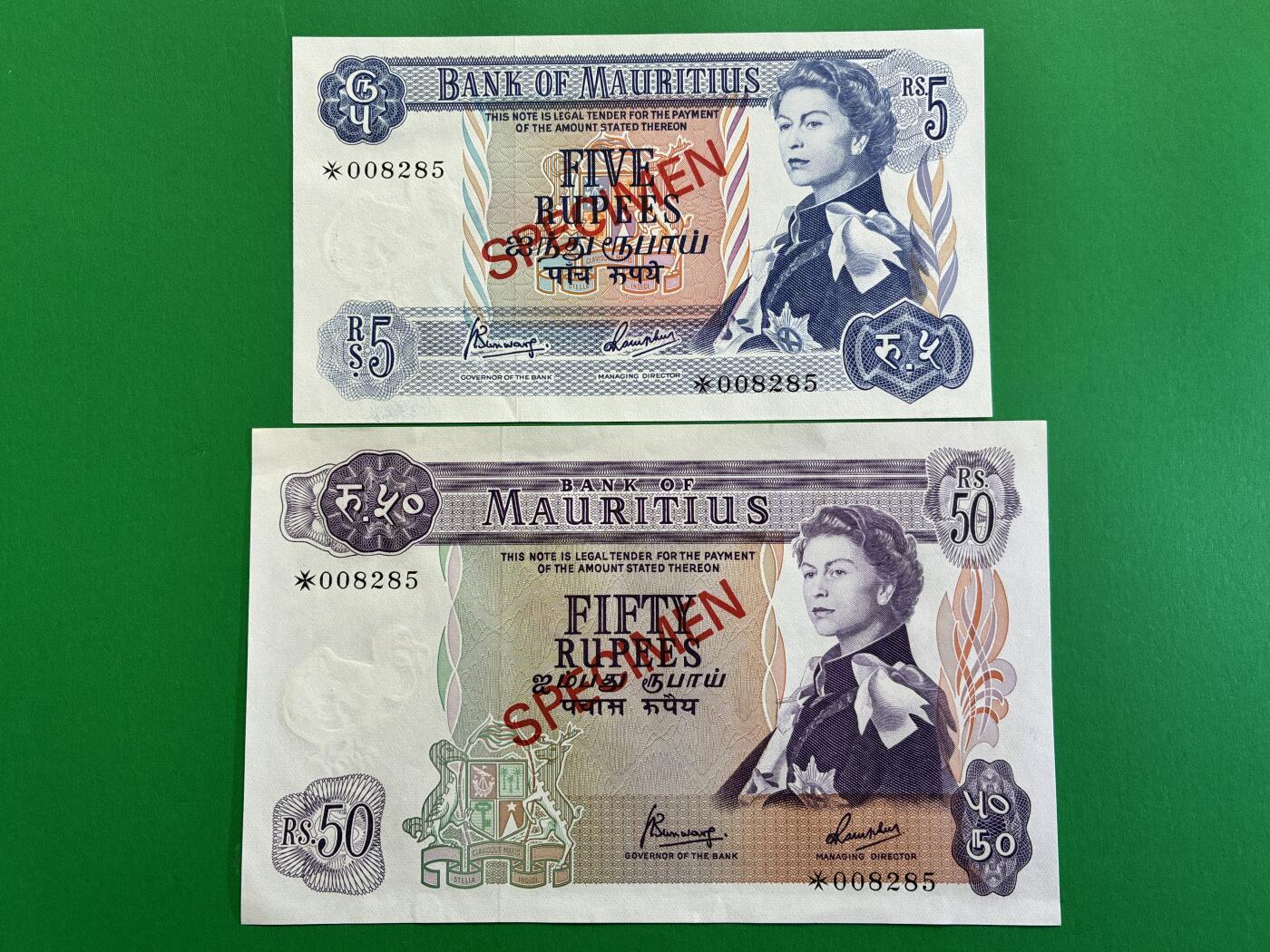 咖啡豆•收藏 2026年Mar_1st世界各国纸币样票拍卖 毛里求斯 1967年 5-50卢比 全新UNC同号 外国纸币样票 女王钞 4枚一套