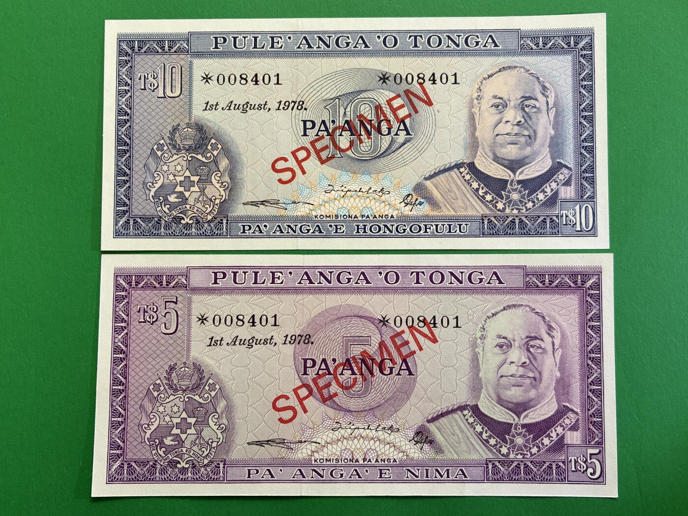 咖啡豆•收藏 2026年Mar_1st世界各国纸币样票拍卖 汤加 1978年 1-10潘加 全新UNC同号 外国纸币样票 4枚一套