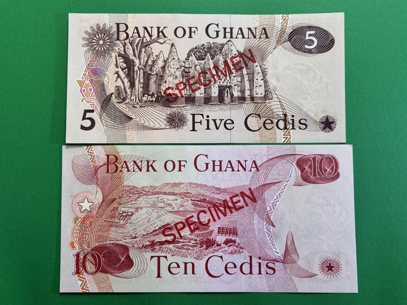 咖啡豆•收藏 2026年Mar_1st世界各国纸币样票拍卖 加纳 1976-77年 1-10赛地 全新UNC同号 外国纸币样票 4枚一套