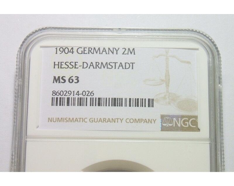 【旋风钱币】2月22日19:00准时开拍 精美欧洲币章、银币银章、第三帝国钱币、手串手镯紫砂壶等 全场包邮！ 【银】NGC MS63 德国黑森1904年 双头2马克银币 初铸开卷原光
