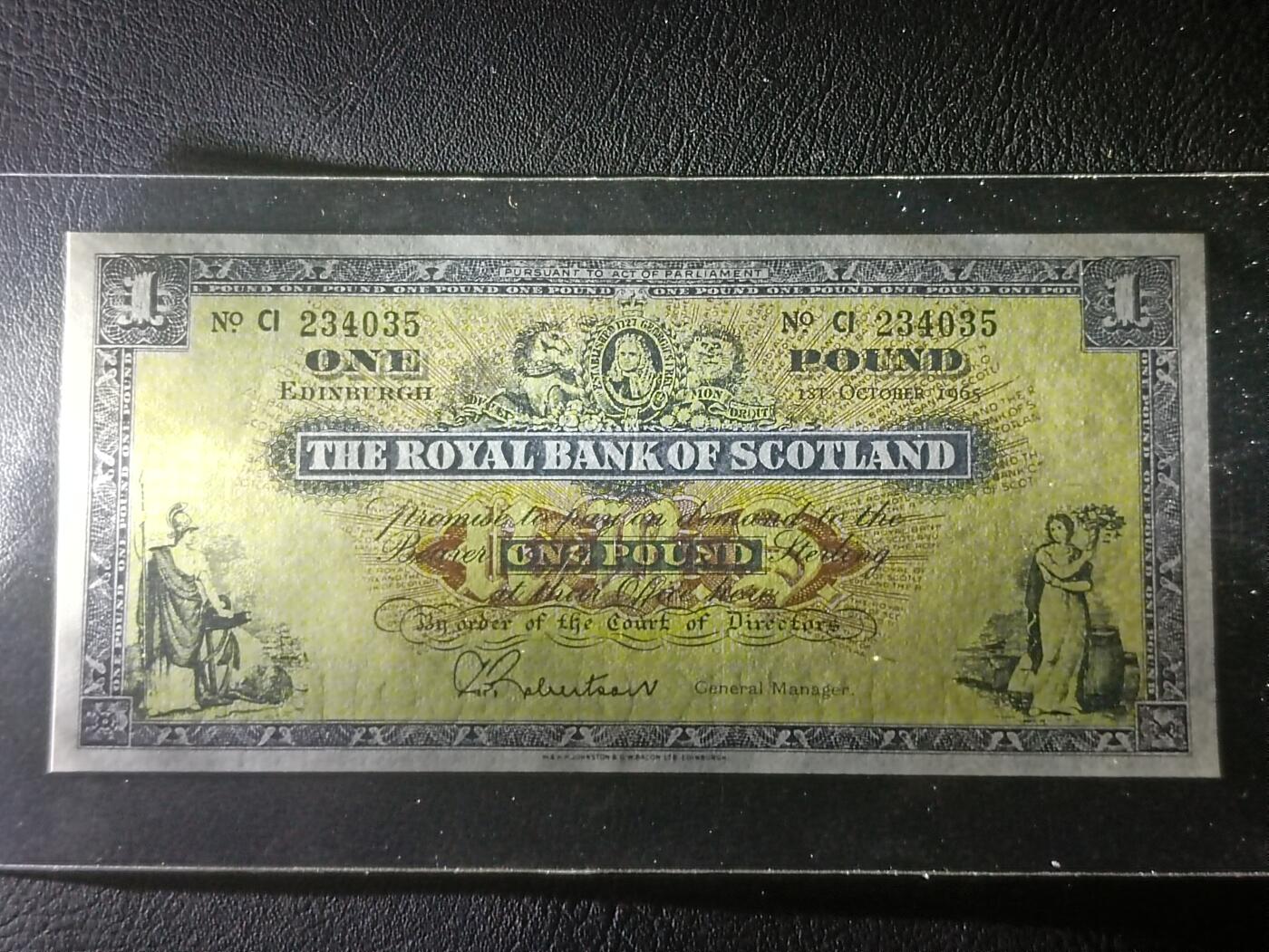 【年后首拍！】2026二月第三期，总217期 苏格兰皇家银行1965年UNC，不列颠女神和拿花女神/爱丁堡和格拉斯哥的分行，后期小票幅版本