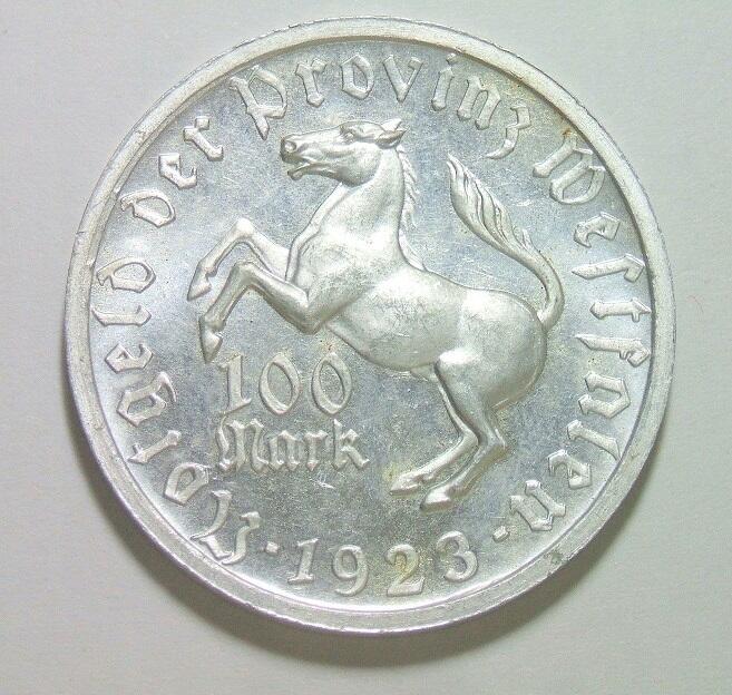 【旋风钱币】2月22日19:00准时开拍 精美欧洲币章、银币银章、第三帝国钱币、手串手镯紫砂壶等 全场包邮！ 德国1923年威斯特法伦 100马克女人头马币 精制原光