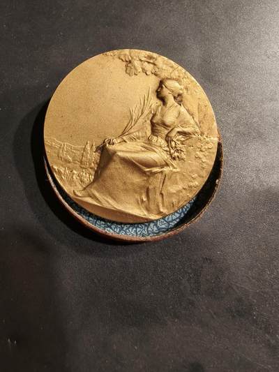 老王徽章第184期 - 法国1925年第32届拉罗谢尔地区节日镀金大铜章    原盒     勒内鲍迪雄作品     直径46mm     重量41.4g