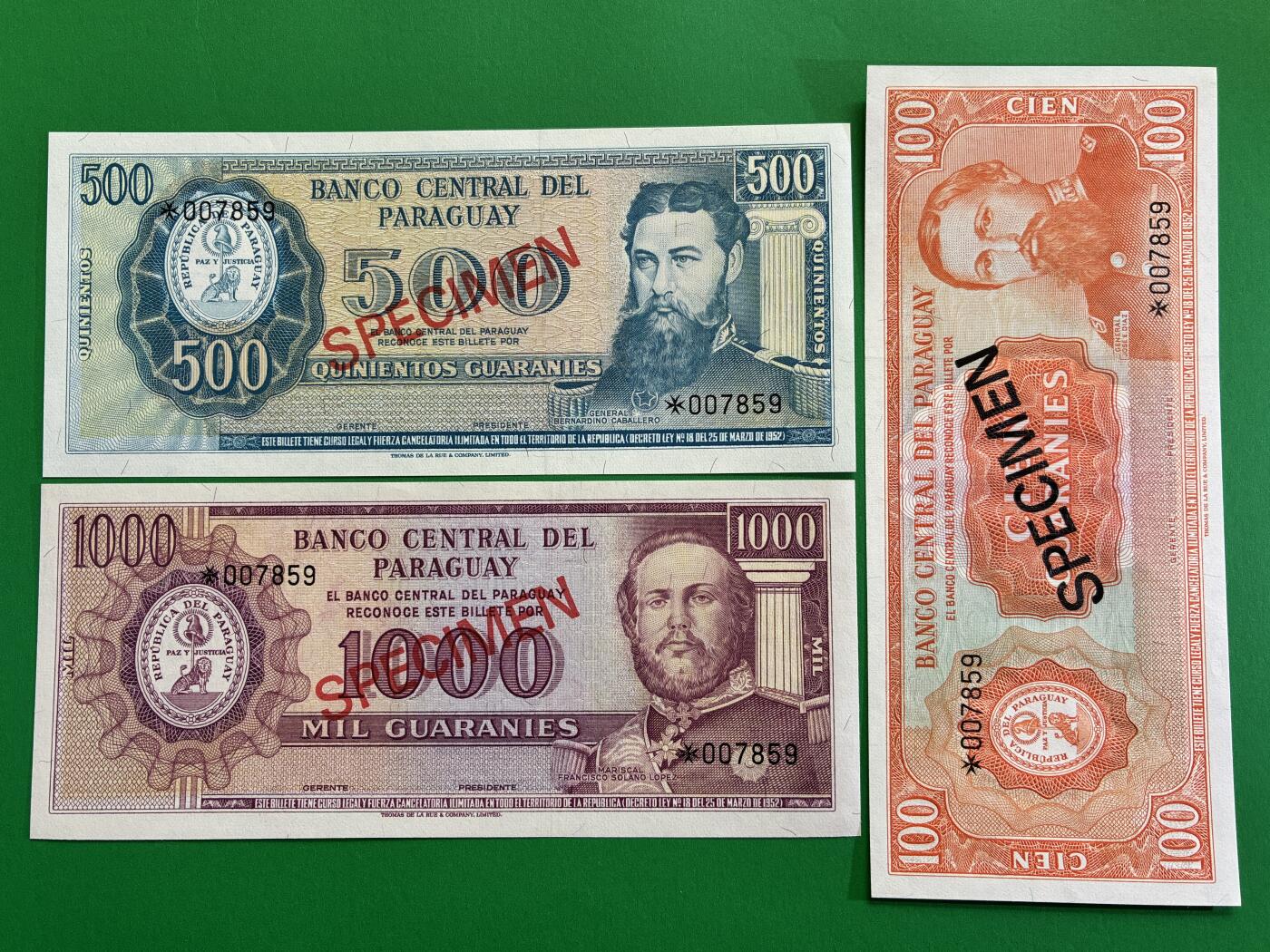 咖啡豆•收藏 2026年Mar_1st世界各国纸币样票拍卖 巴拉圭 100-10000瓜拉尼 外国纸币样票 全新UNC同号 5枚一套