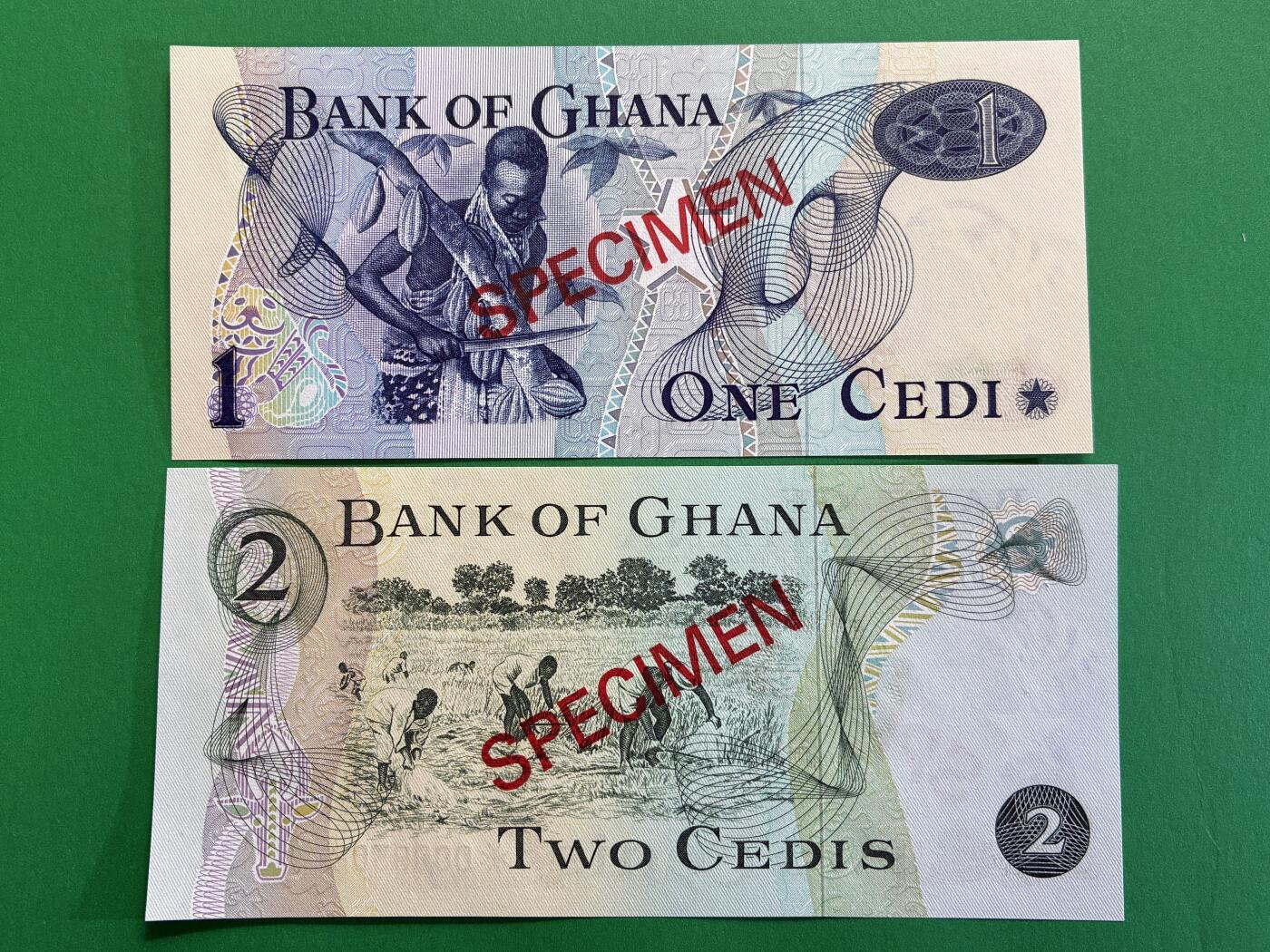 咖啡豆•收藏 2026年Mar_1st世界各国纸币样票拍卖 加纳 1976-77年 1-10赛地 全新UNC同号 外国纸币样票 4枚一套