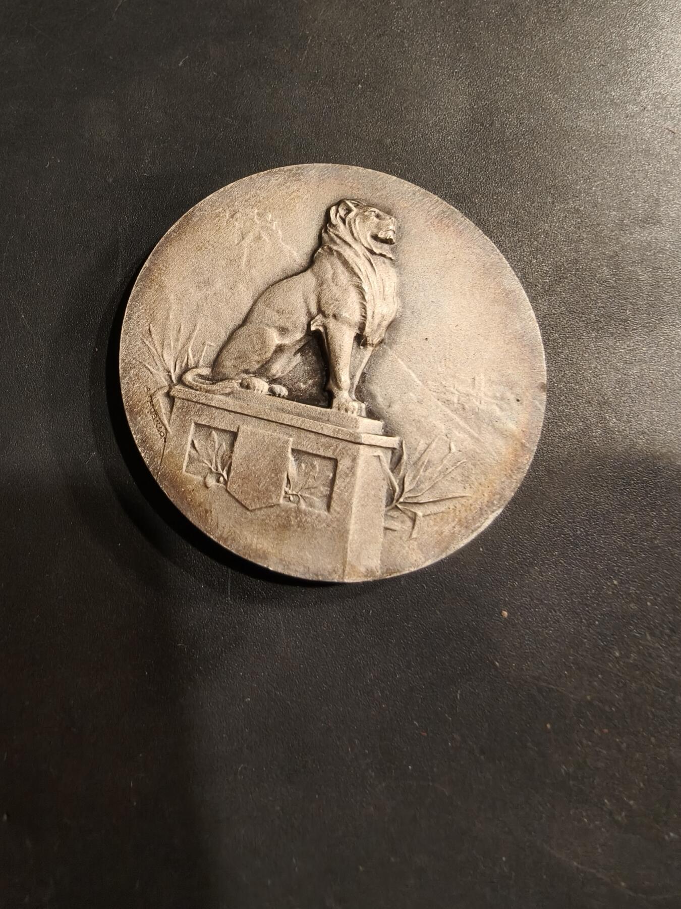 老王徽章第184期 法国1925年第32届拉罗谢尔地区节日镀银大铜章    原盒     直径46mm     重量43