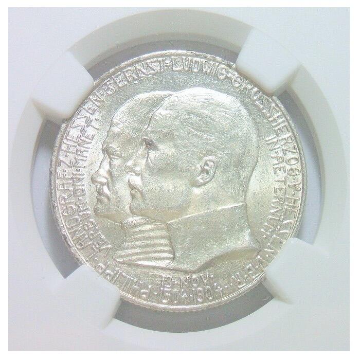 【旋风钱币】2月22日19:00准时开拍 精美欧洲币章、银币银章、第三帝国钱币、手串手镯紫砂壶等 全场包邮！ 【银】NGC MS63 德国黑森1904年 双头2马克银币 初铸开卷原光