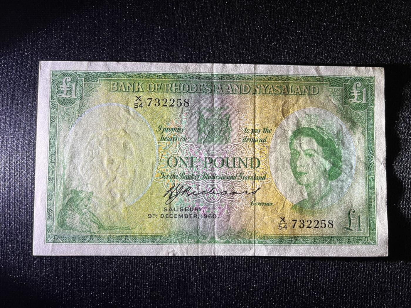 世界各国纸币拍卖 罗德西亚和尼亚萨兰1960年1镑纸币 大冠女王 原票实物图