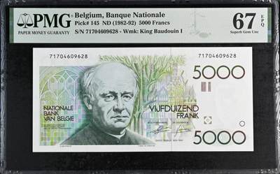《艾美收藏》第233期-2.23周一外币精品荟萃(春节第二拍) - 比利时1982年5000法郎PMG67E亚军分尾8 稀缺沉淀品种 西欧经典“大蜻蜓”难上分 多色凹印 诗人赫勒泽，很久未见该品种PMG67E高分 长线增值品种