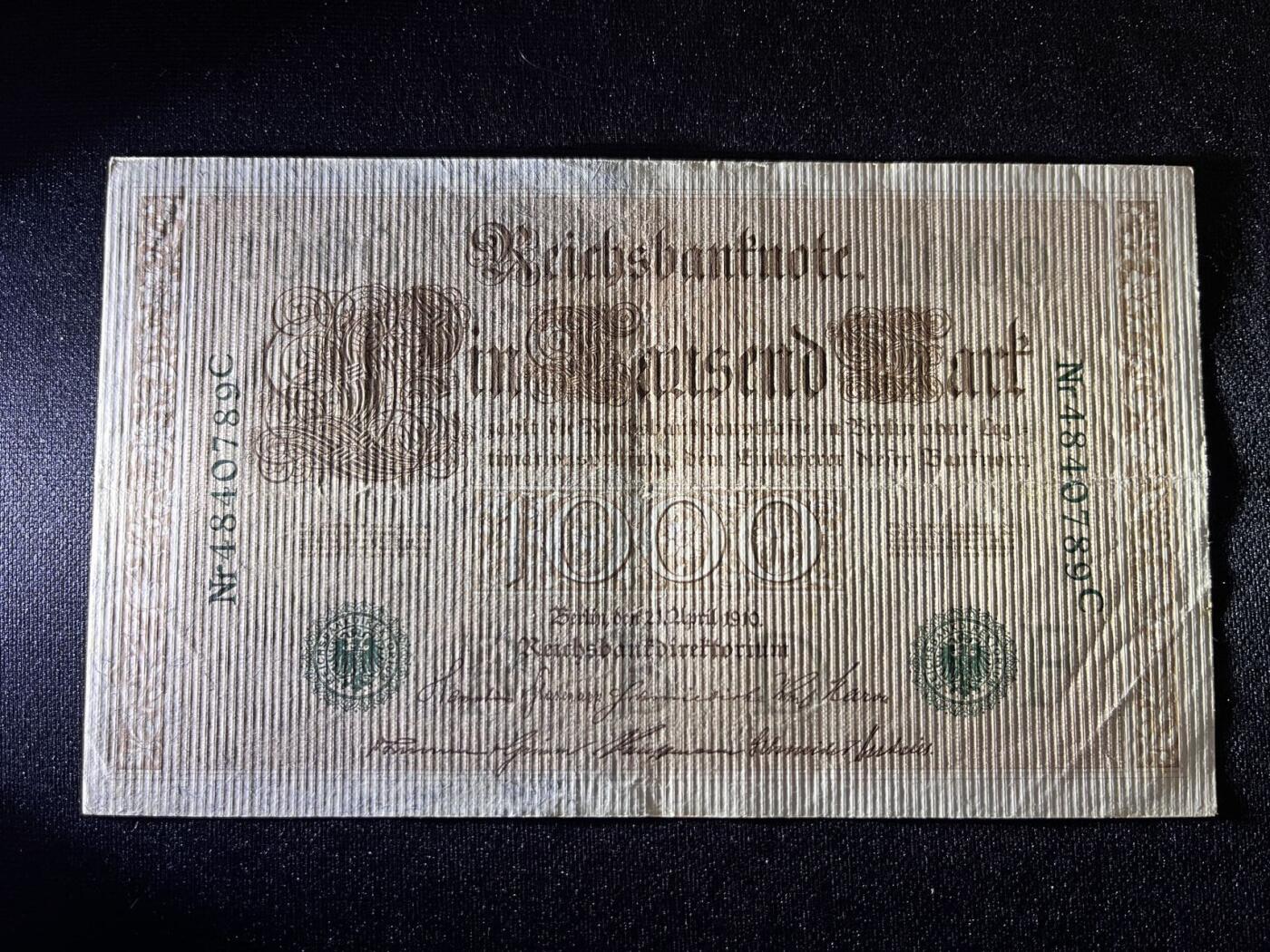 世界各国纸币拍卖 1910年德国 1000马克 实物图