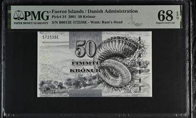 《艾美收藏》第233期-2.23周一外币精品荟萃(春节第二拍) - 法罗群岛2001年初版细安全线50克朗PMG68E无4 法罗绵羊的羊角 水墨画风格 Pick#24