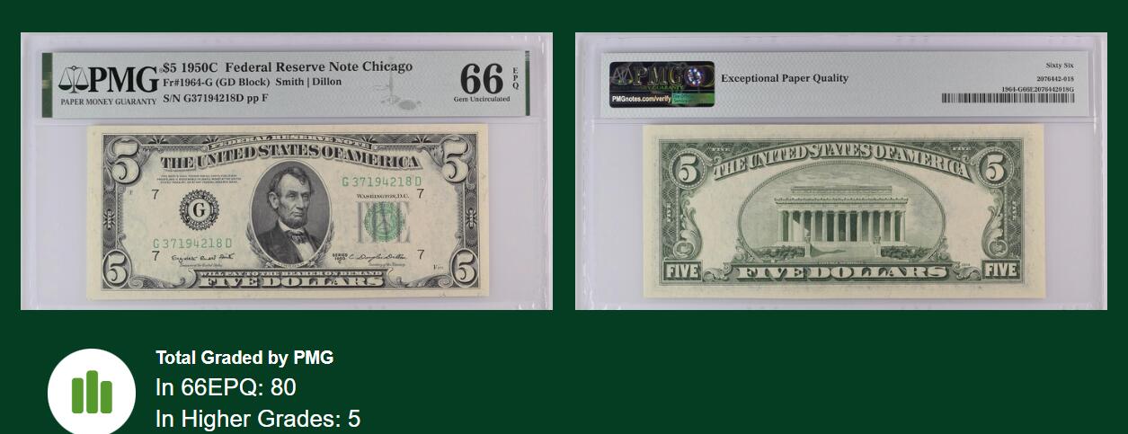 《艾美收藏》第233期-2.23周一外币精品荟萃(春节第二拍) 美国1950C年5美元PMG66E亚军分尾8 冠军67分仅5张 亚伯拉罕·林肯 第十六任总统