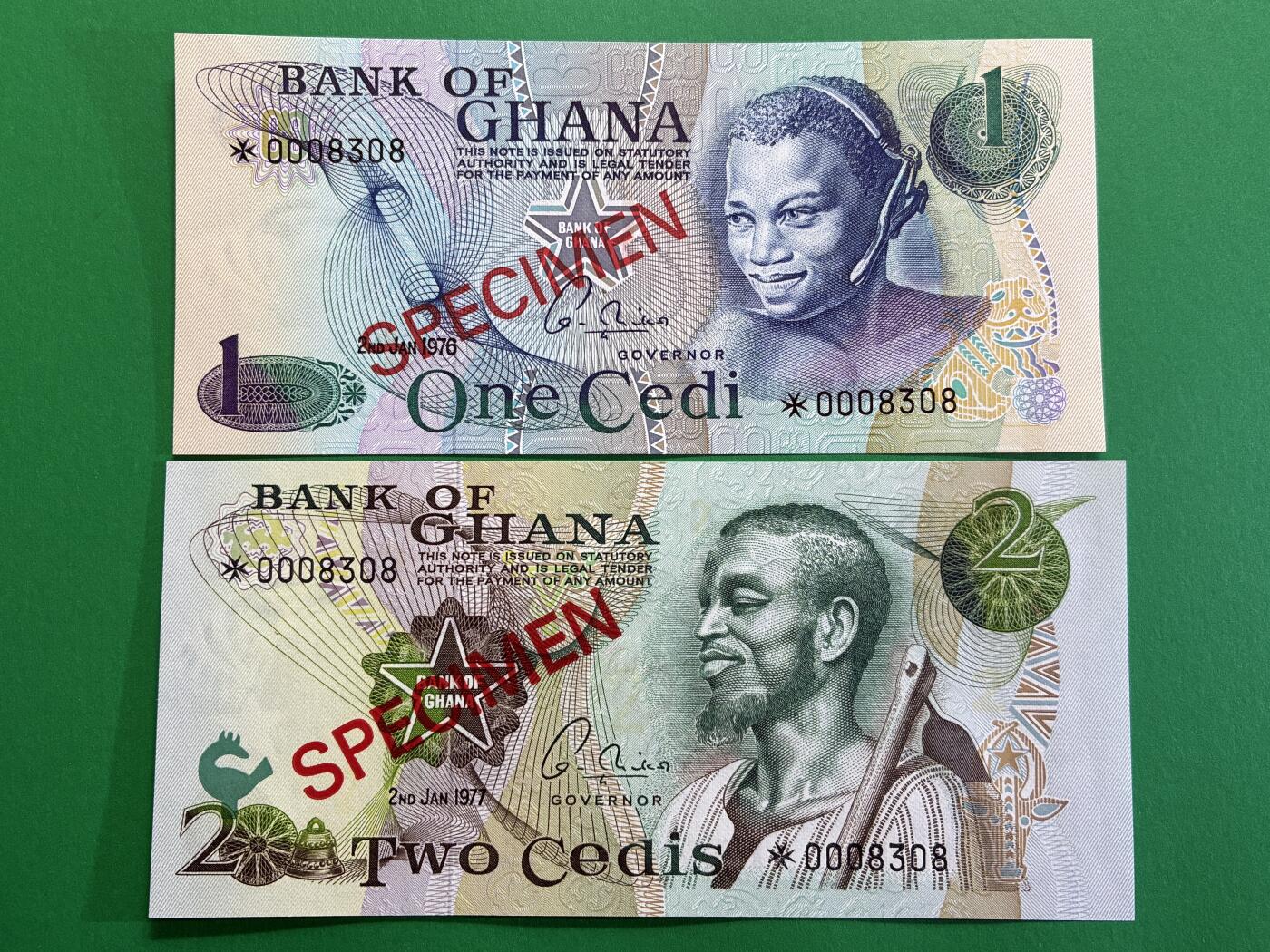 咖啡豆•收藏 2026年Mar_1st世界各国纸币样票拍卖 加纳 1976-77年 1-10赛地 全新UNC同号 外国纸币样票 4枚一套