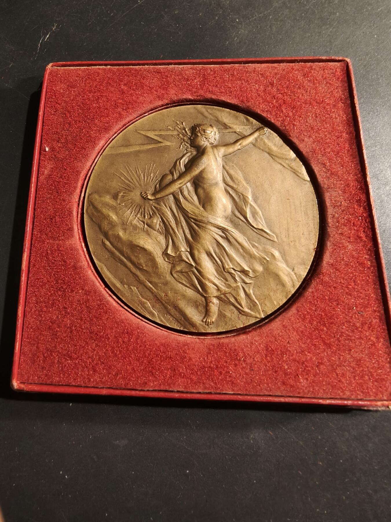 老王徽章第184期 法国电力建设总工会大铜章    大师皮列作品     原盒     直径68mm     重量150g