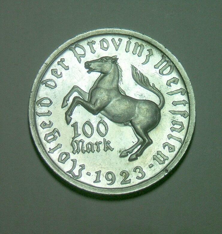 【旋风钱币】2月22日19:00准时开拍 精美欧洲币章、银币银章、第三帝国钱币、手串手镯紫砂壶等 全场包邮！ 德国1923年威斯特法伦 100马克女人头马币 精制原光