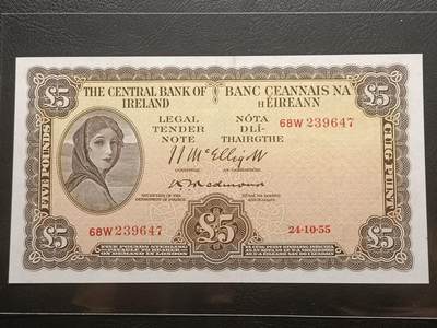 【年后首拍！】2026二月第三期，总217期 - 爱尔兰1955年5镑流通好品XF，早期下方有英爱两国货币互换协议的版本，爱尔兰人格化象征“拉维利夫人”