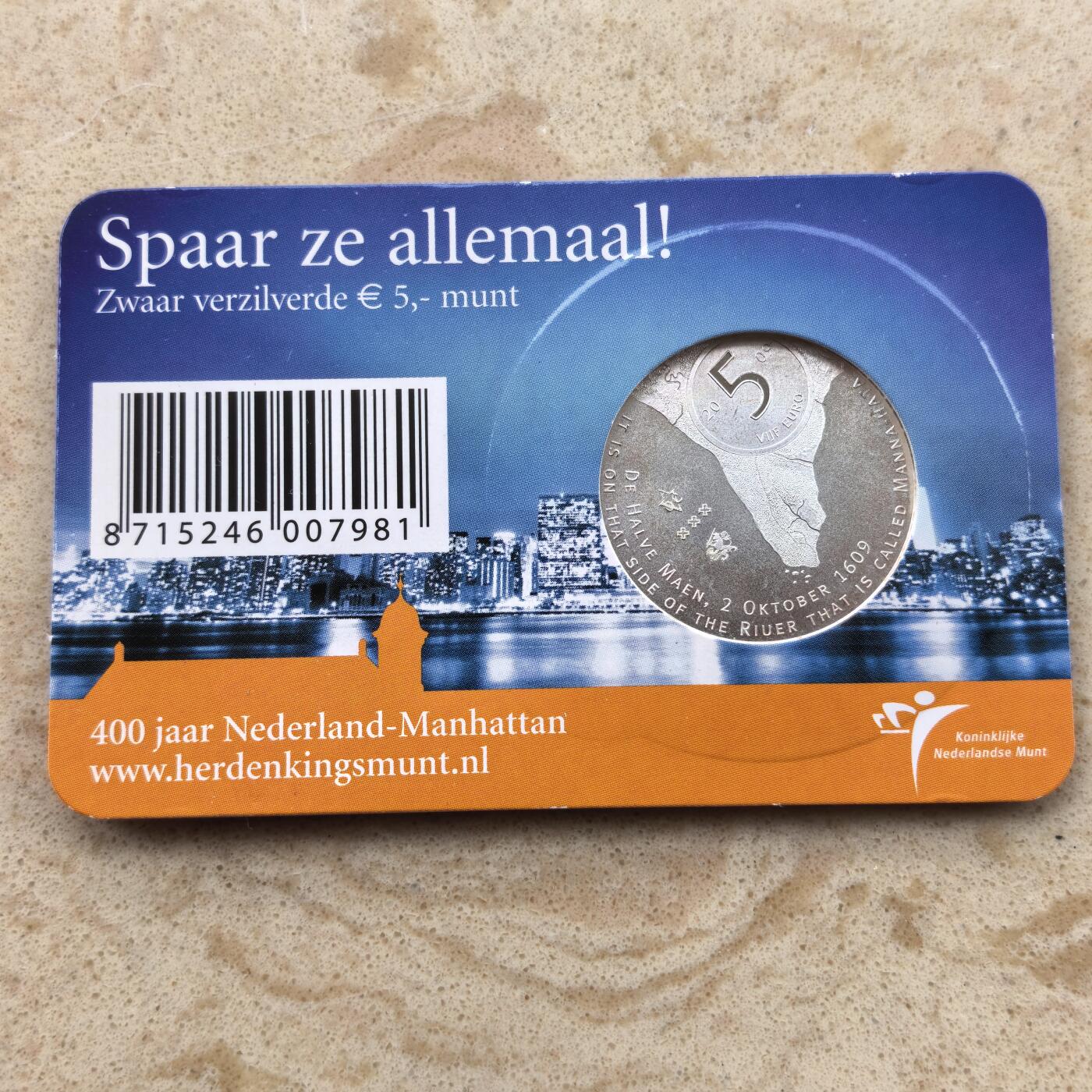 道一币馆币章第一百六十六场 原包装 荷兰2009年曼哈顿400周年5欧元镀银纪念币  17.8g 925s 