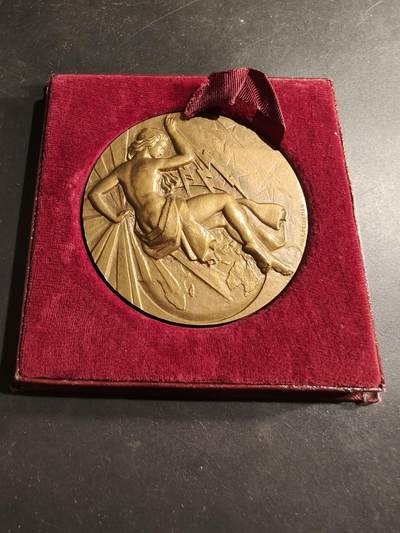 老王徽章第184期 - 法国电气工程总工会大铜章    原盒无盖     直径68mm    重量161g