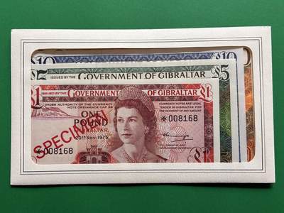 咖啡豆•收藏 2026年Mar_1st世界各国纸币样票拍卖 - 直布罗陀 1975年 1-50镑 全新UNC同号 外国纸币样票 4枚一套