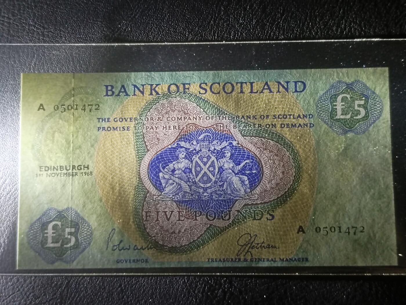 【年后首拍！】2026二月第三期，总217期 苏格兰银行1968年5镑UNC-首冠A，早期少见中高面值品种