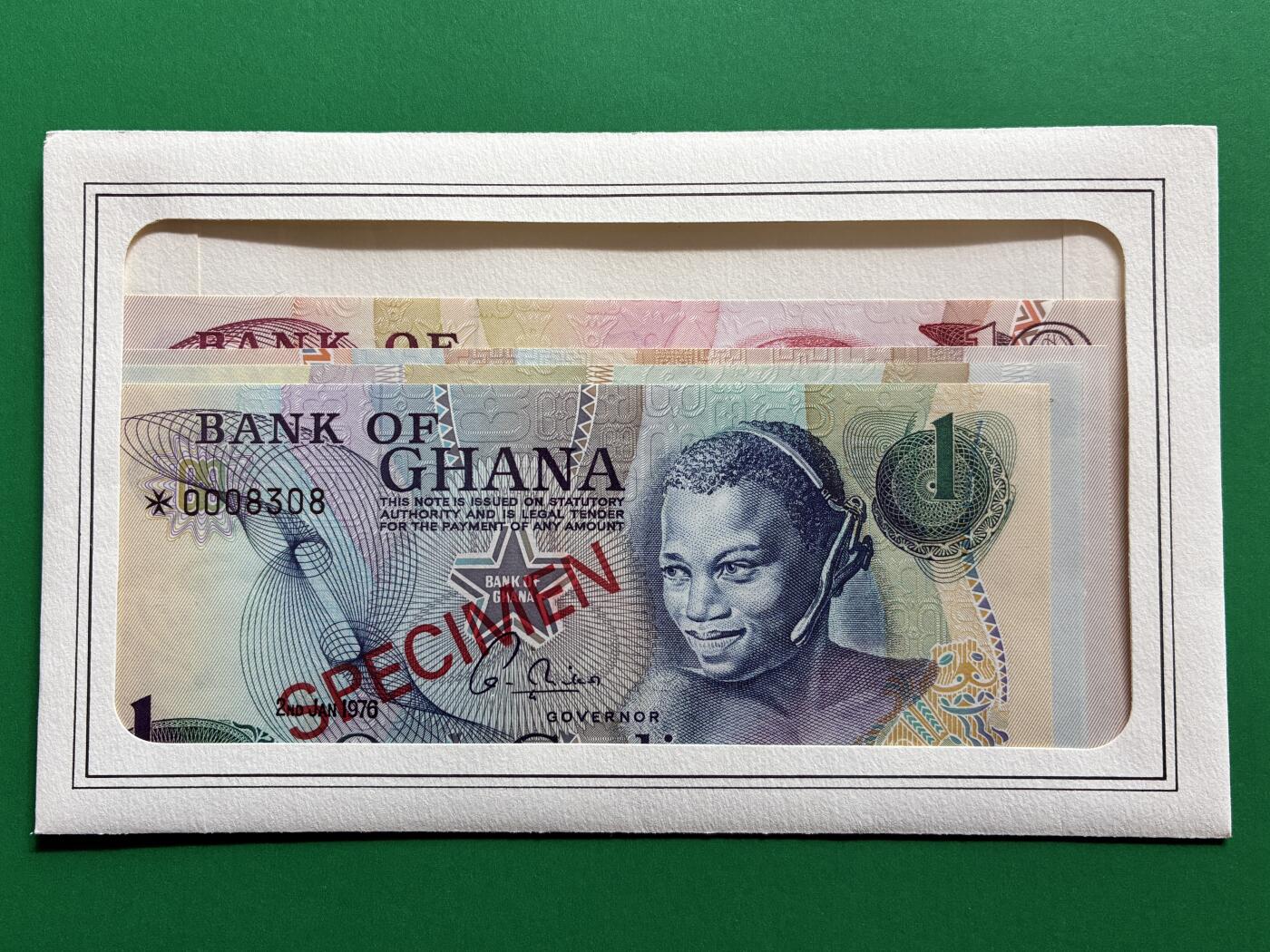 咖啡豆•收藏 2026年Mar_1st世界各国纸币样票拍卖 加纳 1976-77年 1-10赛地 全新UNC同号 外国纸币样票 4枚一套