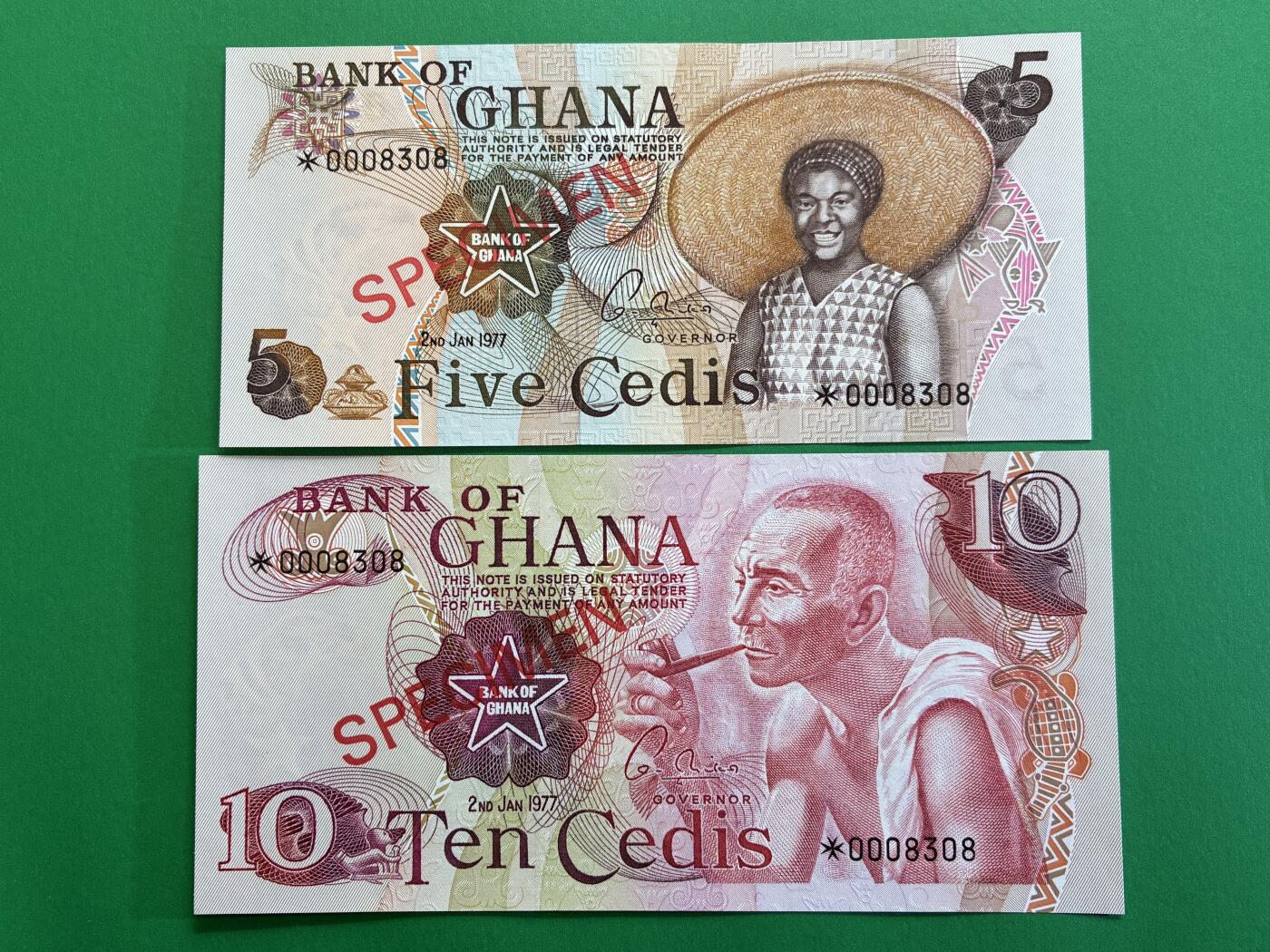 咖啡豆•收藏 2026年Mar_1st世界各国纸币样票拍卖 加纳 1976-77年 1-10赛地 全新UNC同号 外国纸币样票 4枚一套