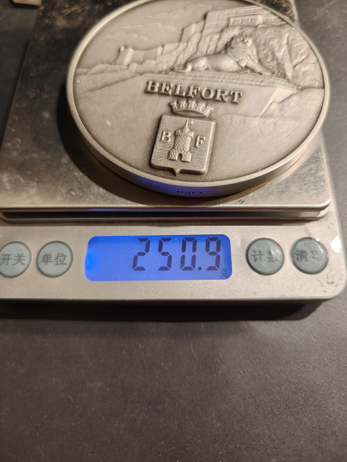 老王徽章第184期 法国贝尔福市阿尔斯通高速列车镀银大铜章    原盒     贝尔福市代表为贝尔福雄狮     直径80mm     重量250.9g