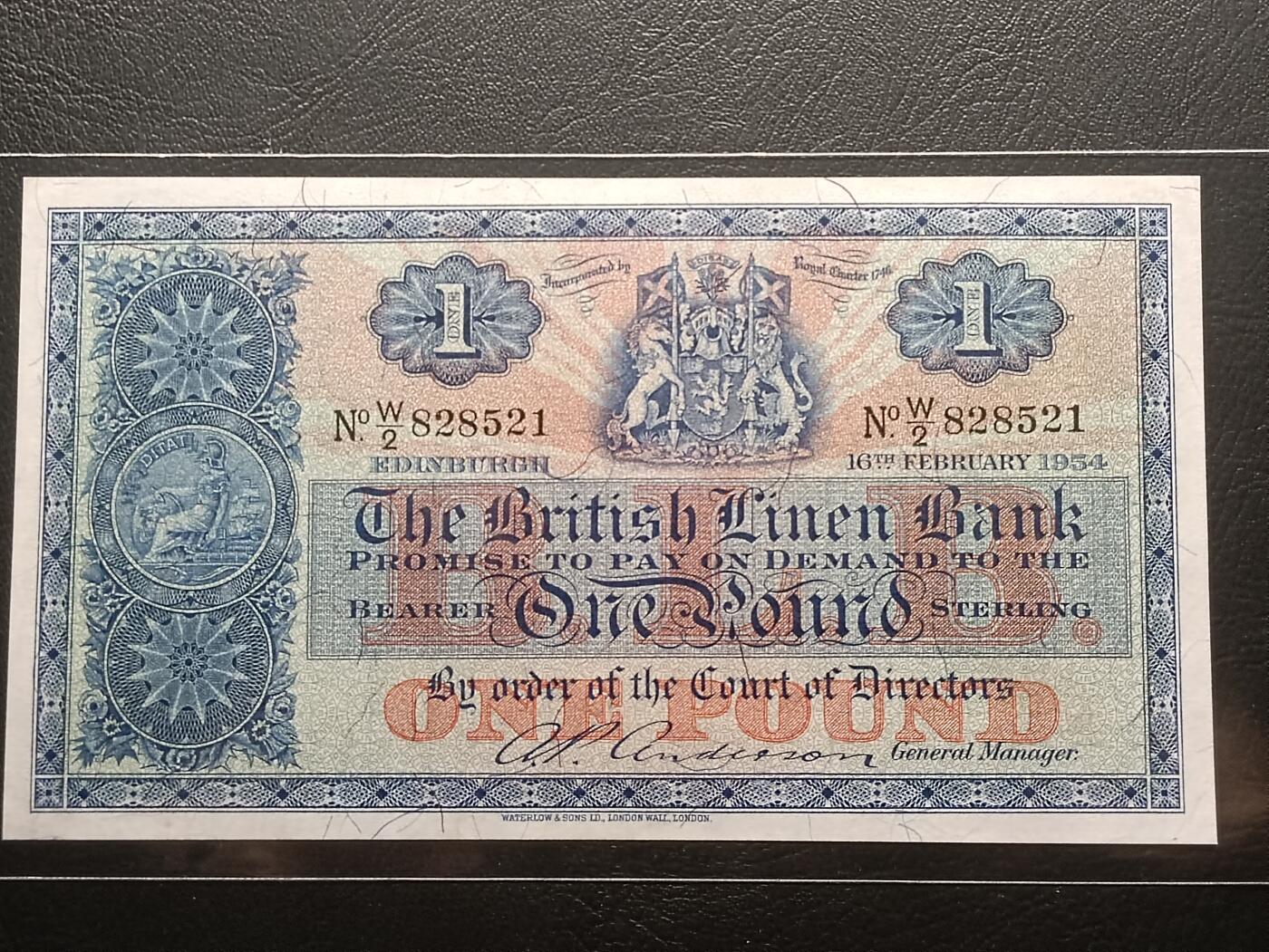 【年后首拍！】2026二月第三期，总217期 苏格兰不列颠亚麻银行1954年1镑UNC-，不列颠尼亚女神，少见早期大票幅版本