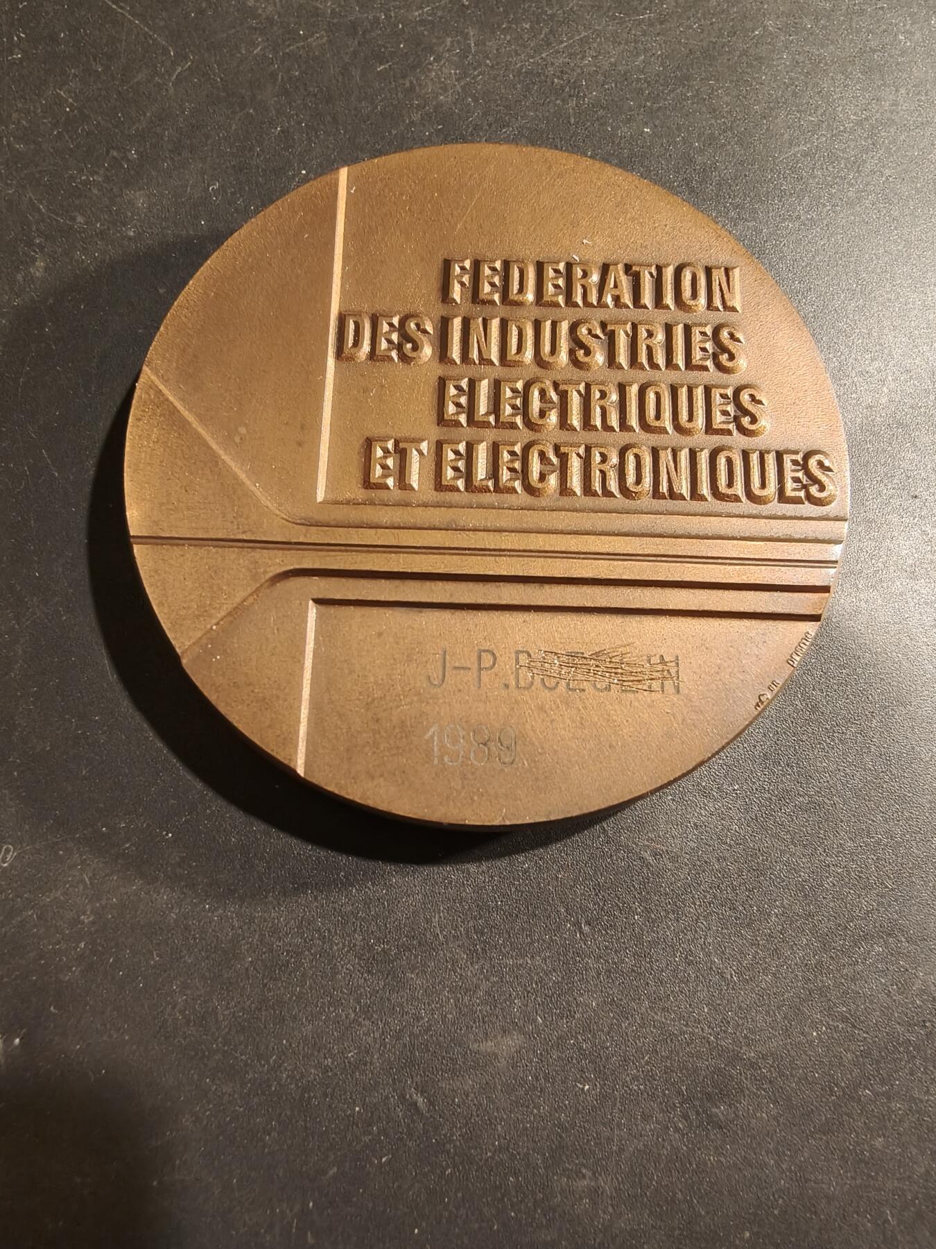 老王徽章第184期 法国电机和电子工业联合会大铜章     1988年     原盒盒子内衬损坏      直径60mm     重量192.9g