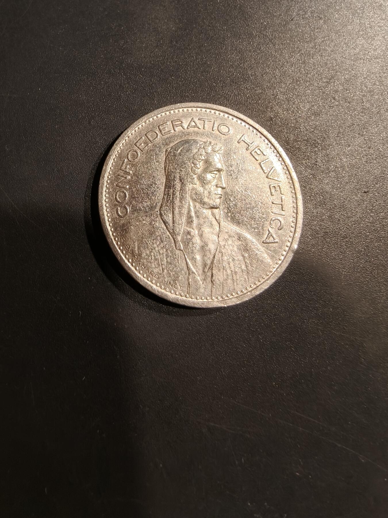 老王徽章第184期 瑞士1953年5法郎银币    835银    15g