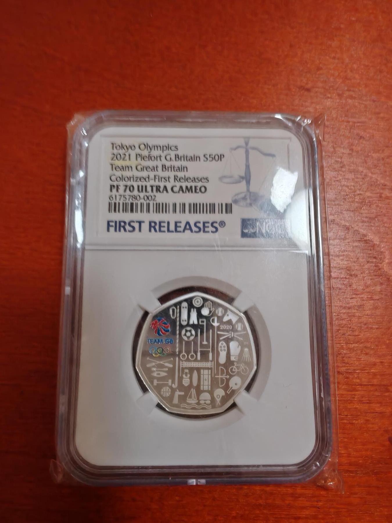 长老汇马年精选第三场拍卖 2021英国东京奥运50便士多边形彩色精制加厚银币，NGC PF70UC，首日标，高价品种