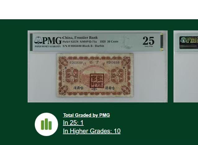 【乾奕收藏】出民国18年1929年边业银行哈尔滨地名贰角，美国PMG25分，PMG入壳仅12枚，数量极少。民国纸币经过80年能保存如此品相实属难得，喜欢的老板不要错过，评级币一切以分数为准，售出非假不退