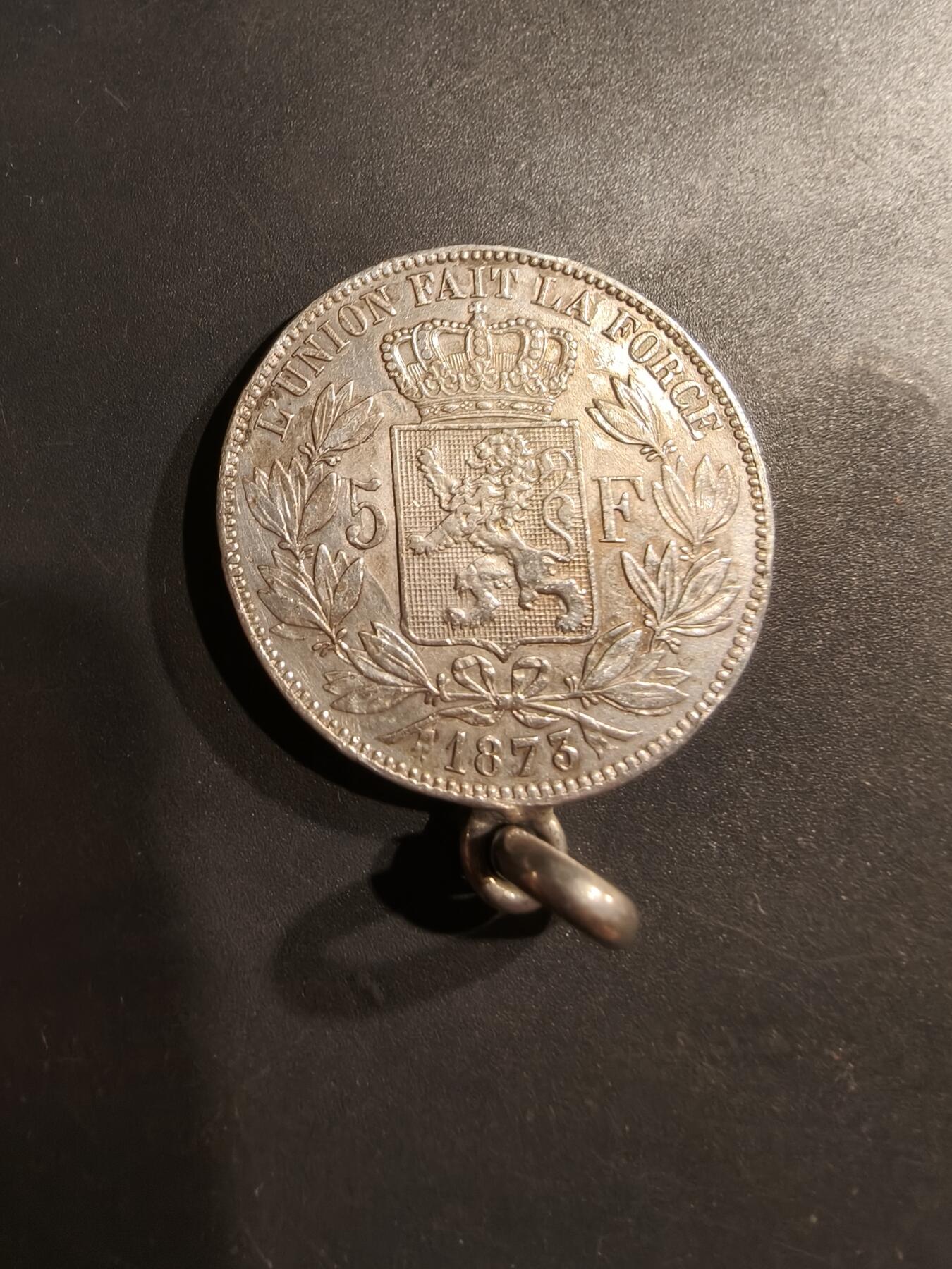 老王徽章第184期 比利时1873年5法郎银币     900银    26.5g
