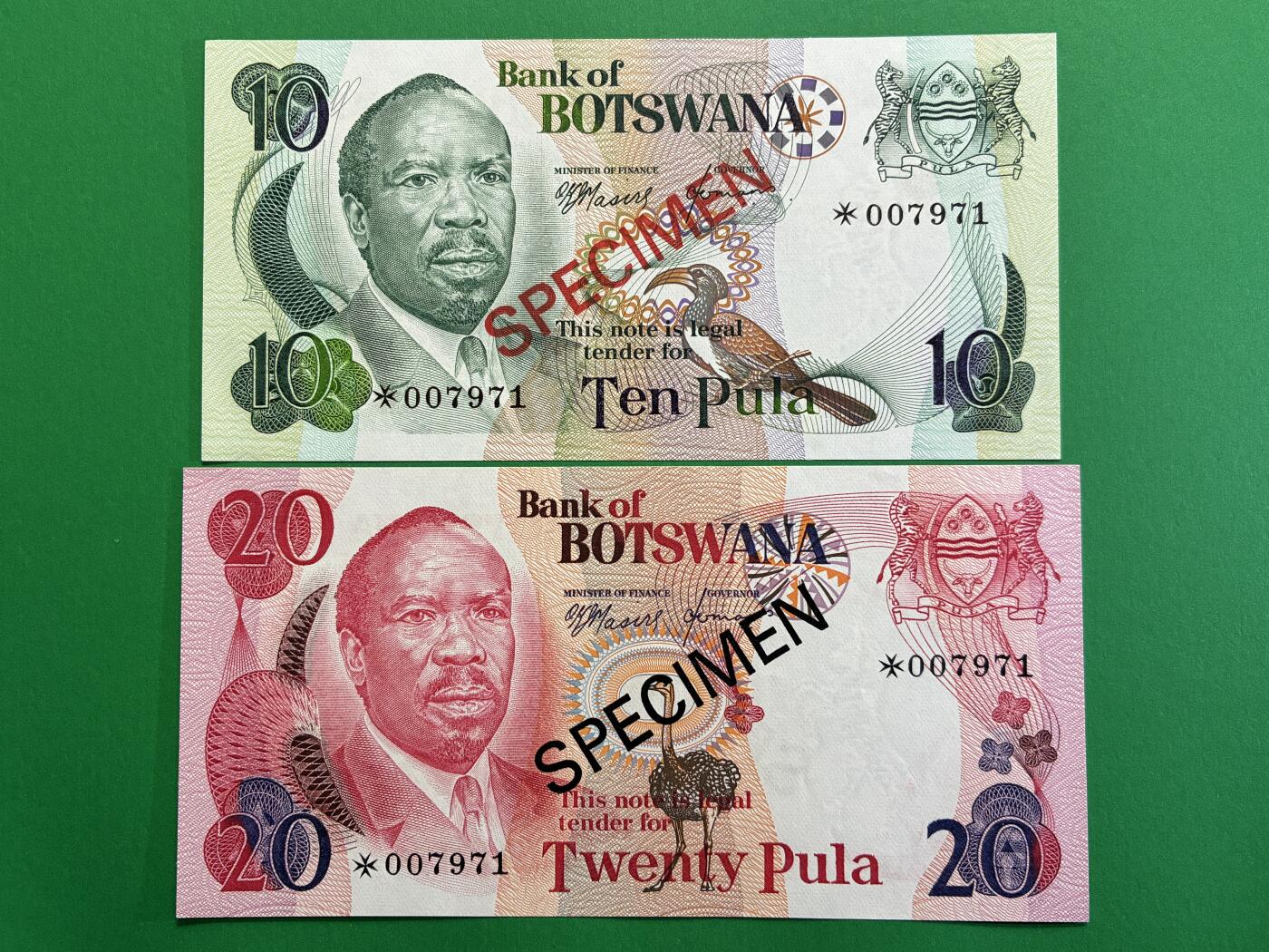 咖啡豆•收藏 2026年Mar_1st世界各国纸币样票拍卖 博茨瓦纳 1976年 1-20普拉 全新UNC同号 外国纸币样票 5枚一套
