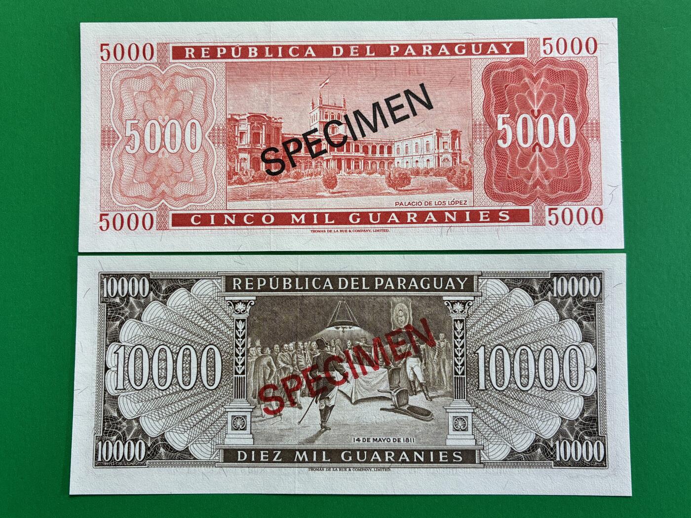 咖啡豆•收藏 2026年Mar_1st世界各国纸币样票拍卖 巴拉圭 100-10000瓜拉尼 外国纸币样票 全新UNC同号 5枚一套