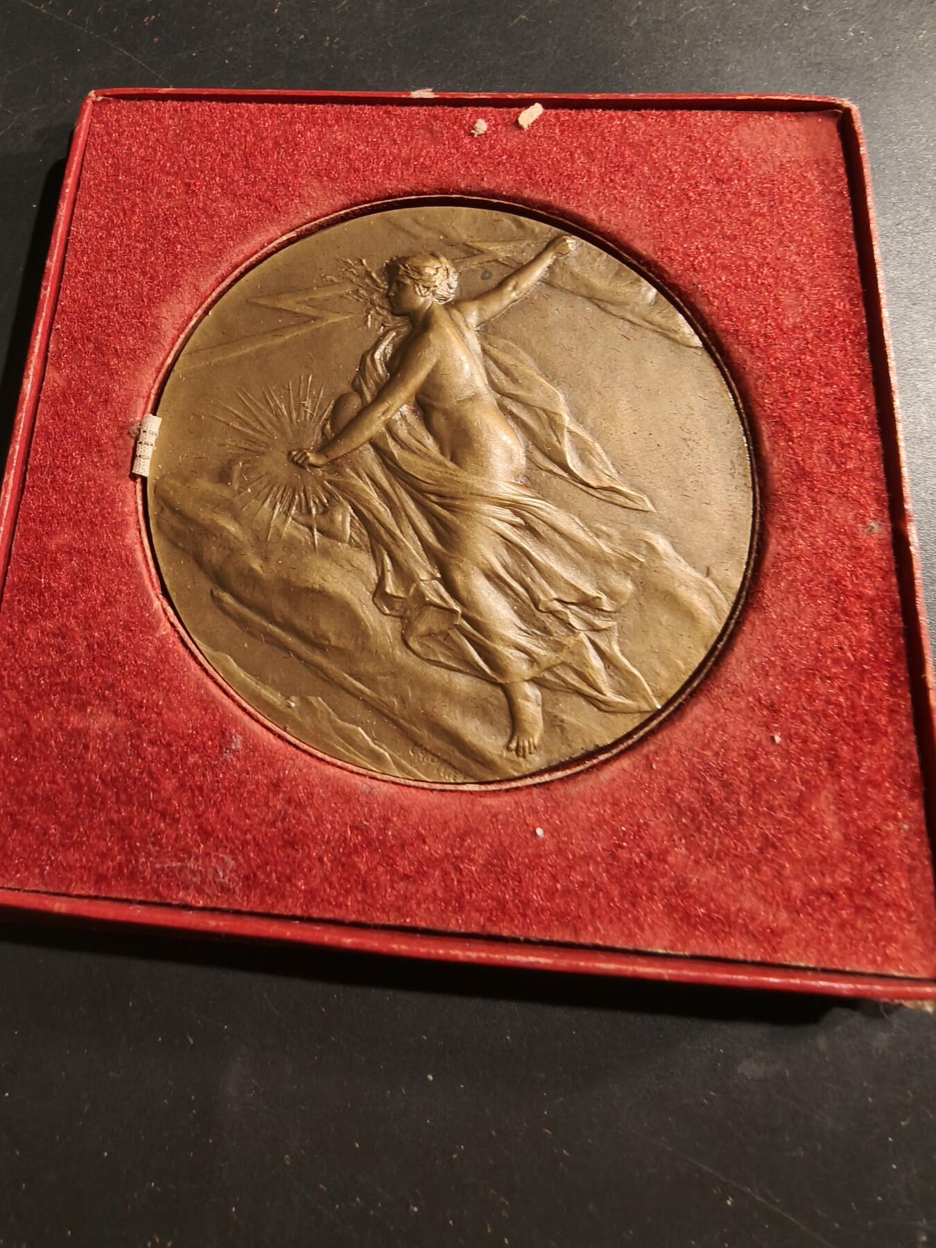 老王徽章第184期 法国电力建设总工会大铜章    大师皮列作品     原盒     直径68mm     重量150.1g