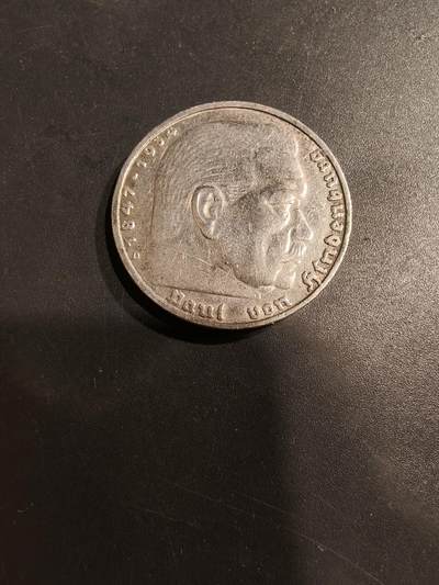 老王徽章第184期 - 德三1937年兴登堡5帝国马克银币     900银    13.9g