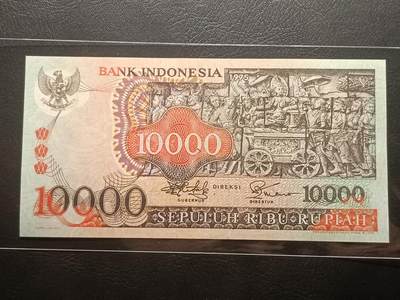 【年后首拍！】2026二月第三期，总217期 - 印度尼西亚1975版10000卢比AUNC有针孔无47，佛塔浮雕和传统工艺面具，此版本最大面值