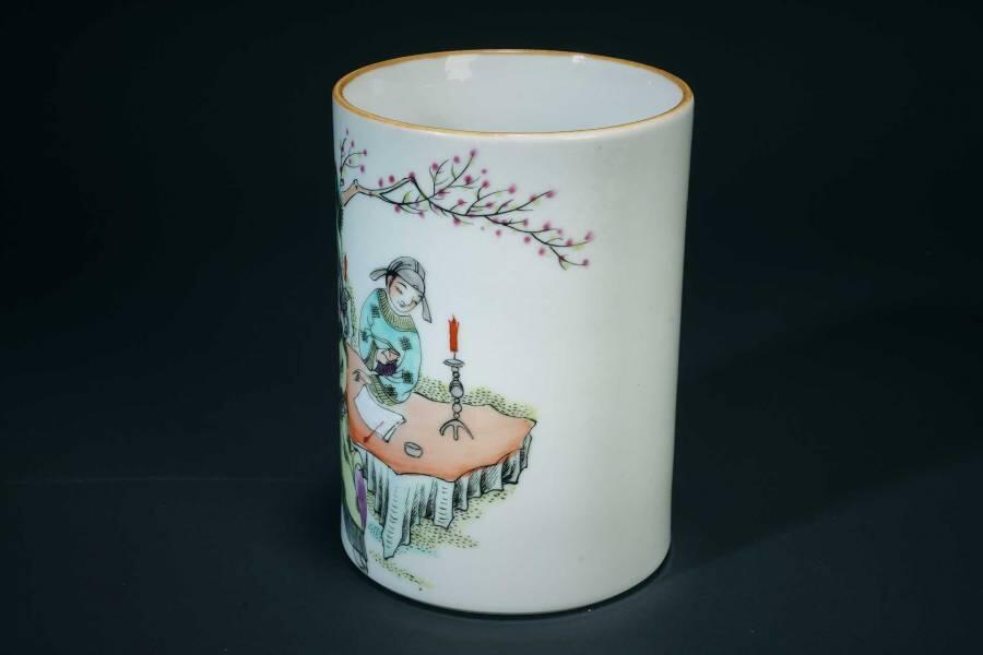 上海都达杂项专场三十六【年后发货全场包邮】 粉彩人物故事笔筒85-6