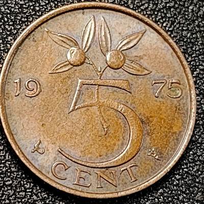 泉币菌-第195场- 新年快乐 新年第三场 本场拍品多 请提前出价 - 1975年 荷兰5分硬币 朱莉安娜女王 21mm