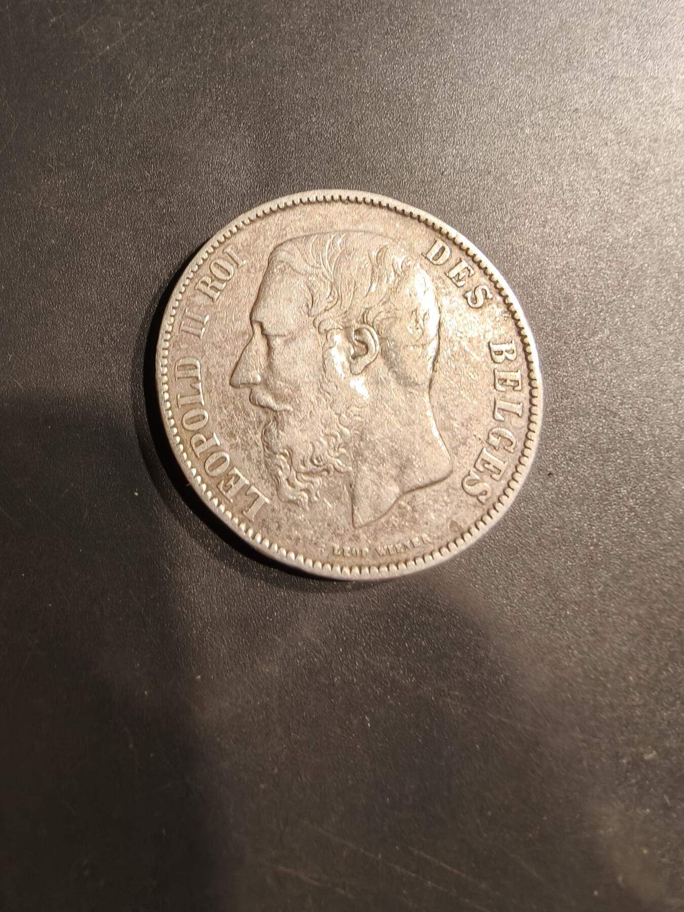 老王徽章第184期 比利时1876年5法郎银币    900银     24.8g