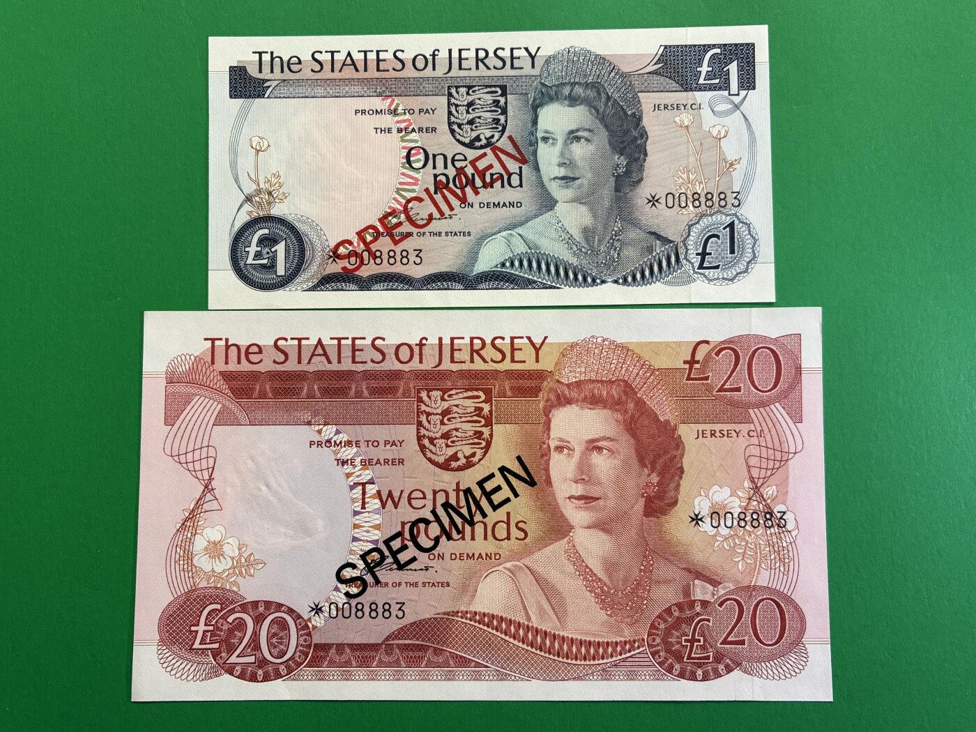 咖啡豆•收藏 2026年Mar_1st世界各国纸币样票拍卖 泽西岛 1-20镑 全新UNC同号 外国纸币样票 4枚一套