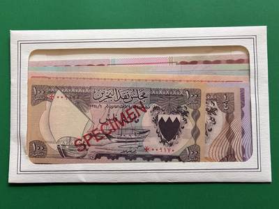 咖啡豆•收藏 2026年Mar_1st世界各国纸币样票拍卖 - 巴林 100费尔-20第纳尔 外国纸币样票 全新UNC同号 7枚一套