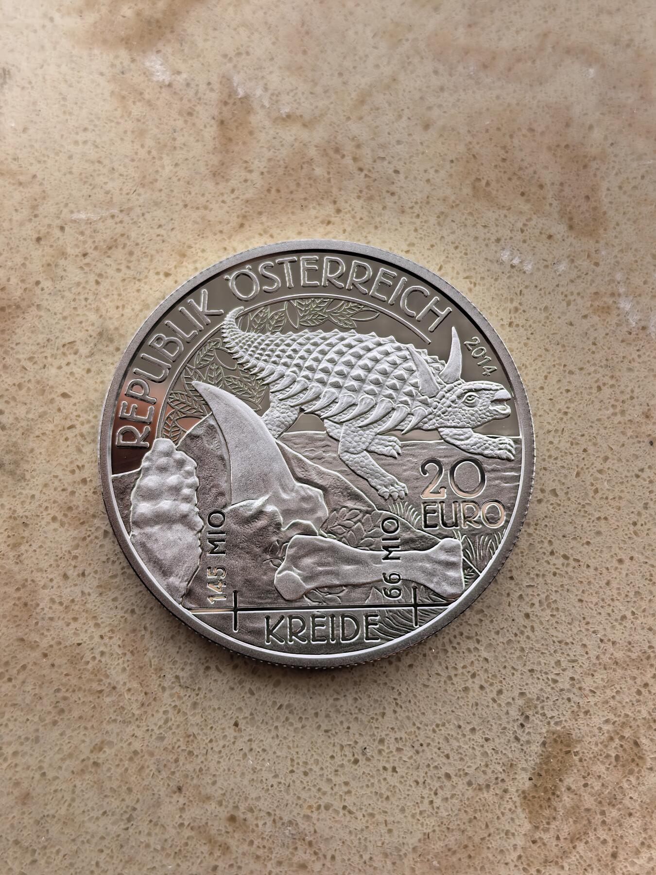 道一币馆币章第一百六十七场 原盒证 奥地利2014年史前生物系列-白垩纪时代20欧元精制银币